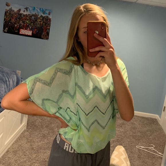 BCX Green Geometric Sheer Top - Picture 3 of 11